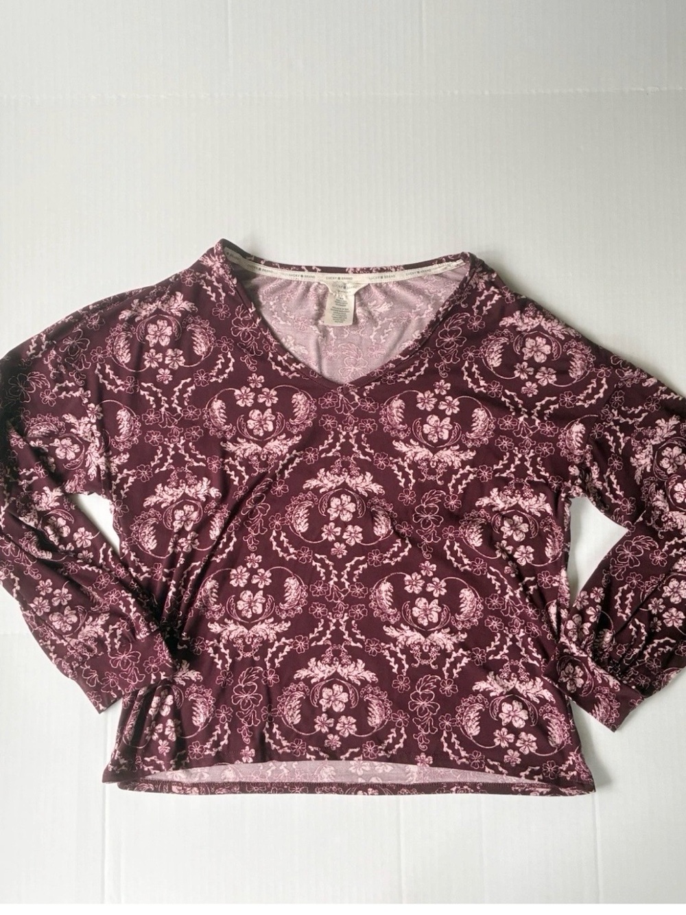 Lucky Brand Women’s Long Sleeve Lightweight Burgundy Floral Blouse Size Medium